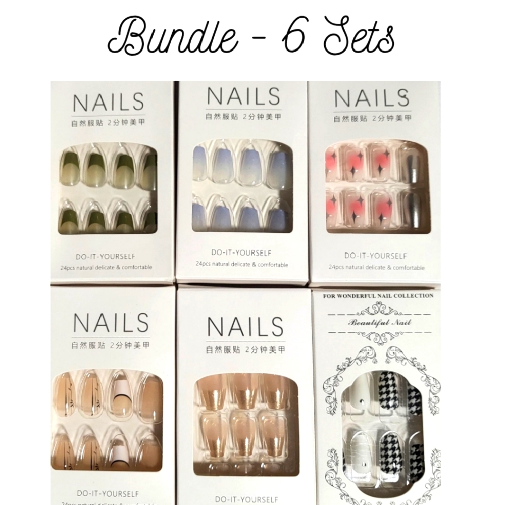 Bundle of (6) Medium-Length, Coffin-Shaped Press-On Nail Sets